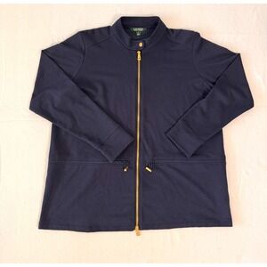 Ralph Lauren Women XL Navy Blue Sweatshirt Gold Zipper Cinched Waist Long Sleeve